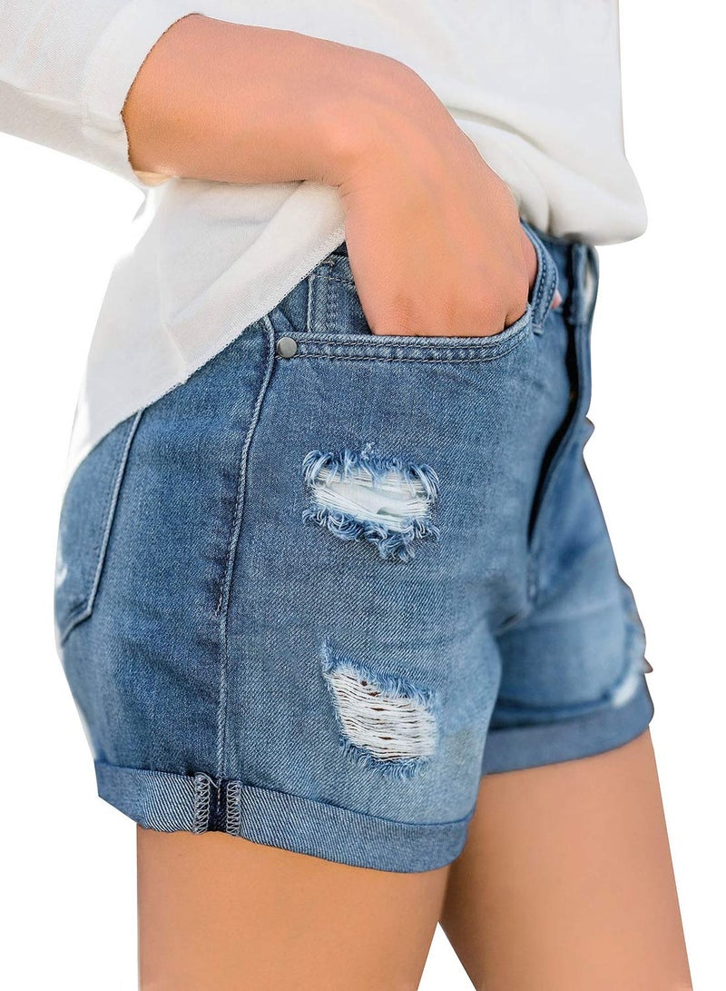 luvamia Women's Summer Casual Jean Shorts Stretchy High Rise Folded Hem Cutoff Denim Shorts 3 Inch Inseam Cute Shorts for Women Jive Outlasted Blue Size X-Large - Image 3
